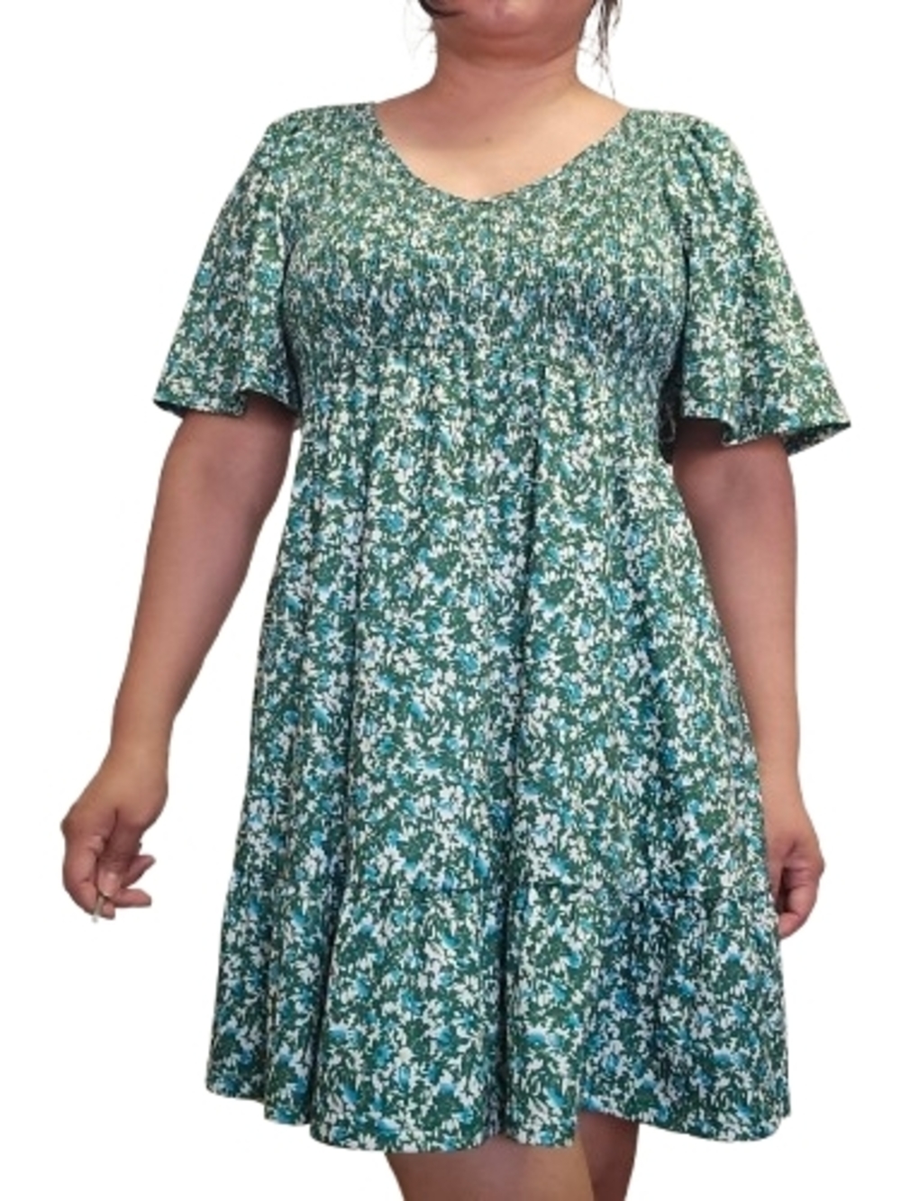 UEAL Green Floral Short Sleeve V Neck Flutter With Pockets Spring Summer Dress - Picture 2 of 8
